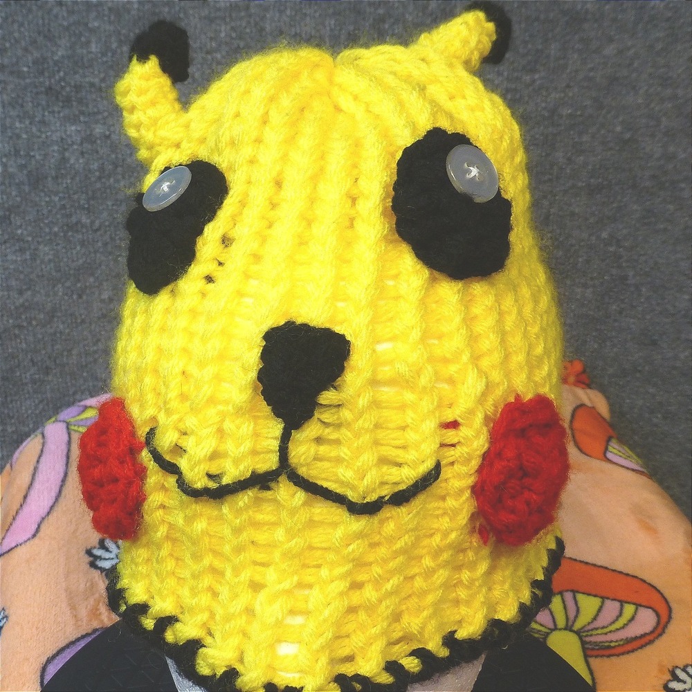 Handmade Pikachu Knit Beanie Hat Yellow Pokemon Cosplay Winter Cap Button Eyes